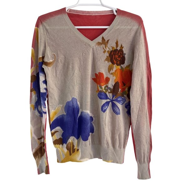 Etro Milano Women's Red/Tan Floral Rib Hem Cotton Cashmere Long Sleeve Size S - Picture 1 of 7